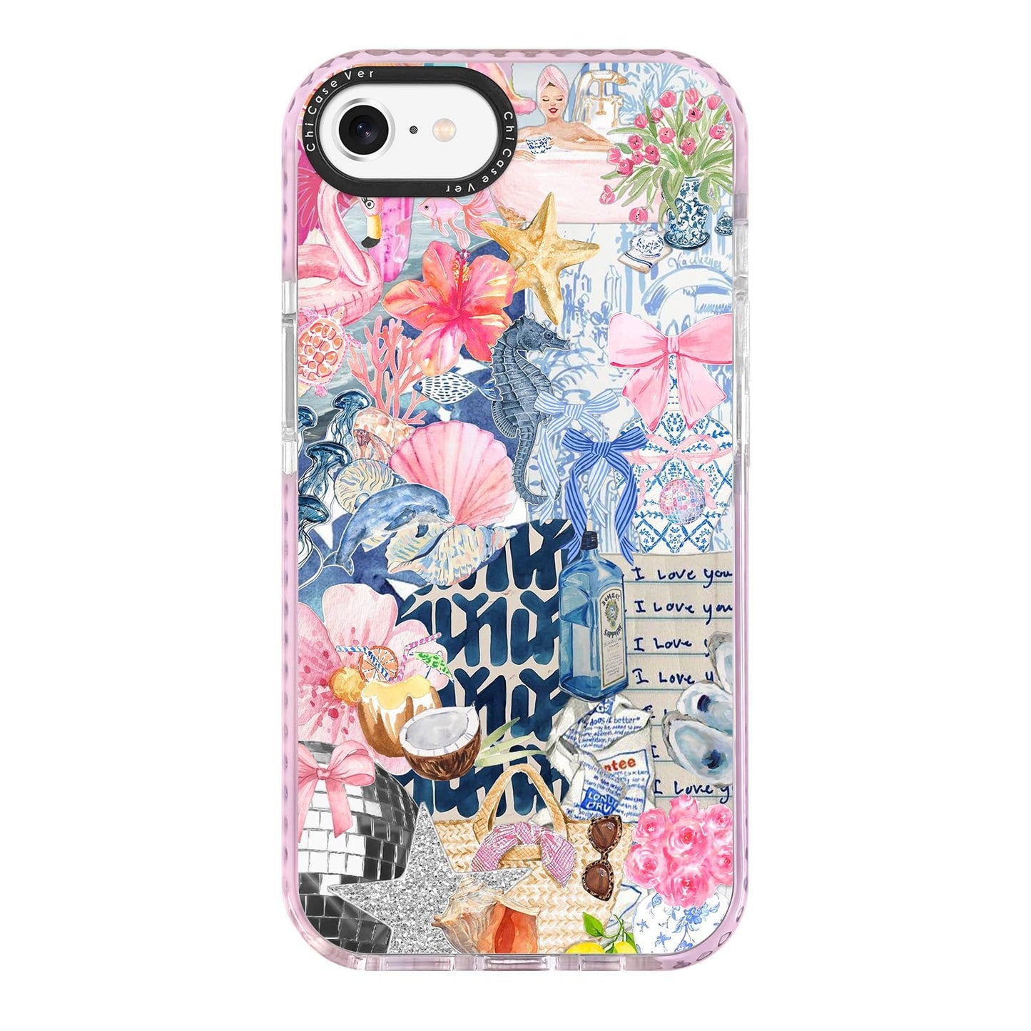 ChiCaseVer for iPhone 7/8/SE Case,Coastal Romantic Y2K Seahorse & Hibiscus Art Collage Design Pattern Aesthetic,Military-Grade D