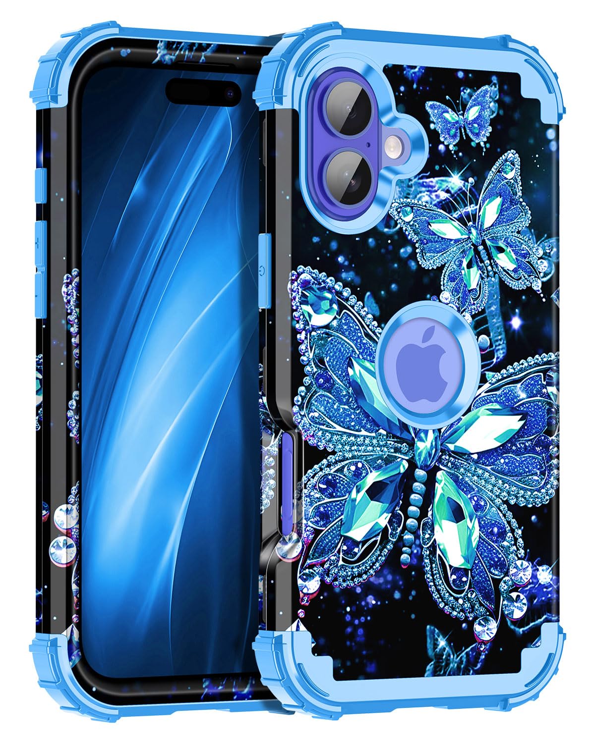 Miqala for iPhone 16 Case,Glow in The Dark Three Layer Heavy Duty Shockproof Protection Hard Plastic Bumper+Soft Silicone Case f
