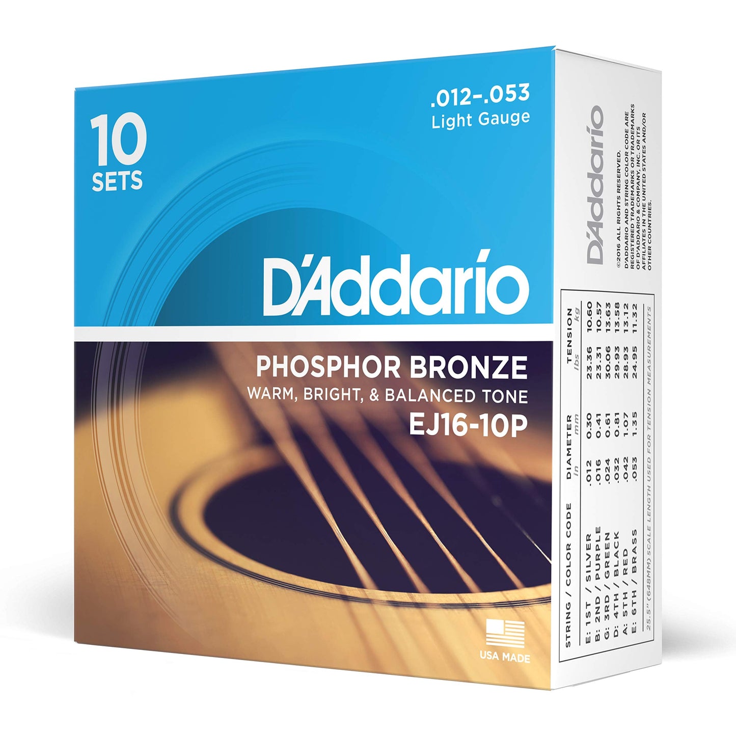 DAddario Acoustic Guitar Strings, Phosphor Bronze, EJ16-10P, Light Gauge 12-53, 6-String Set, Pack of 10