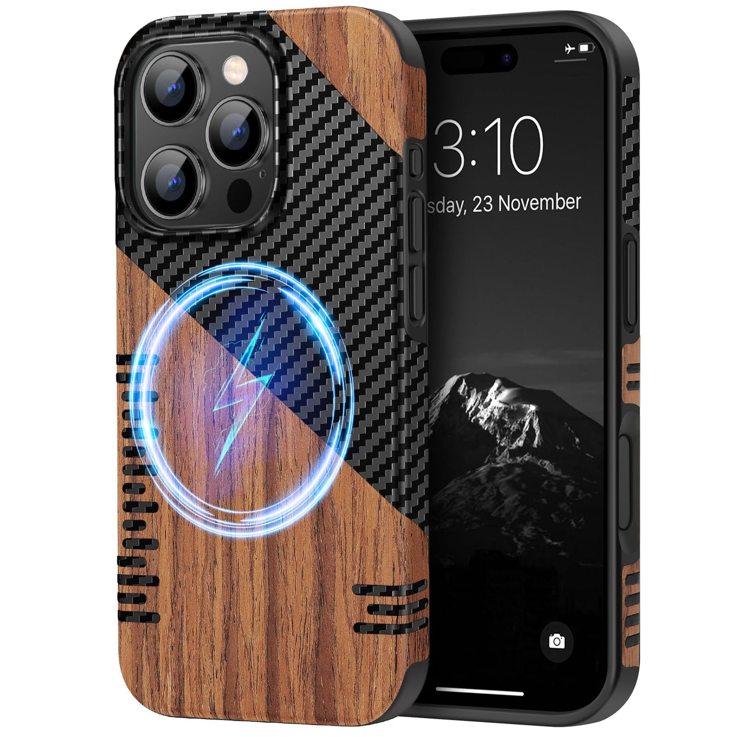 TENDLIN Magnetic Case Compatible with iPhone 16 Pro Phone Case Wood Grain with Carbon Fiber Texture Design Leather Hybrid Slim C