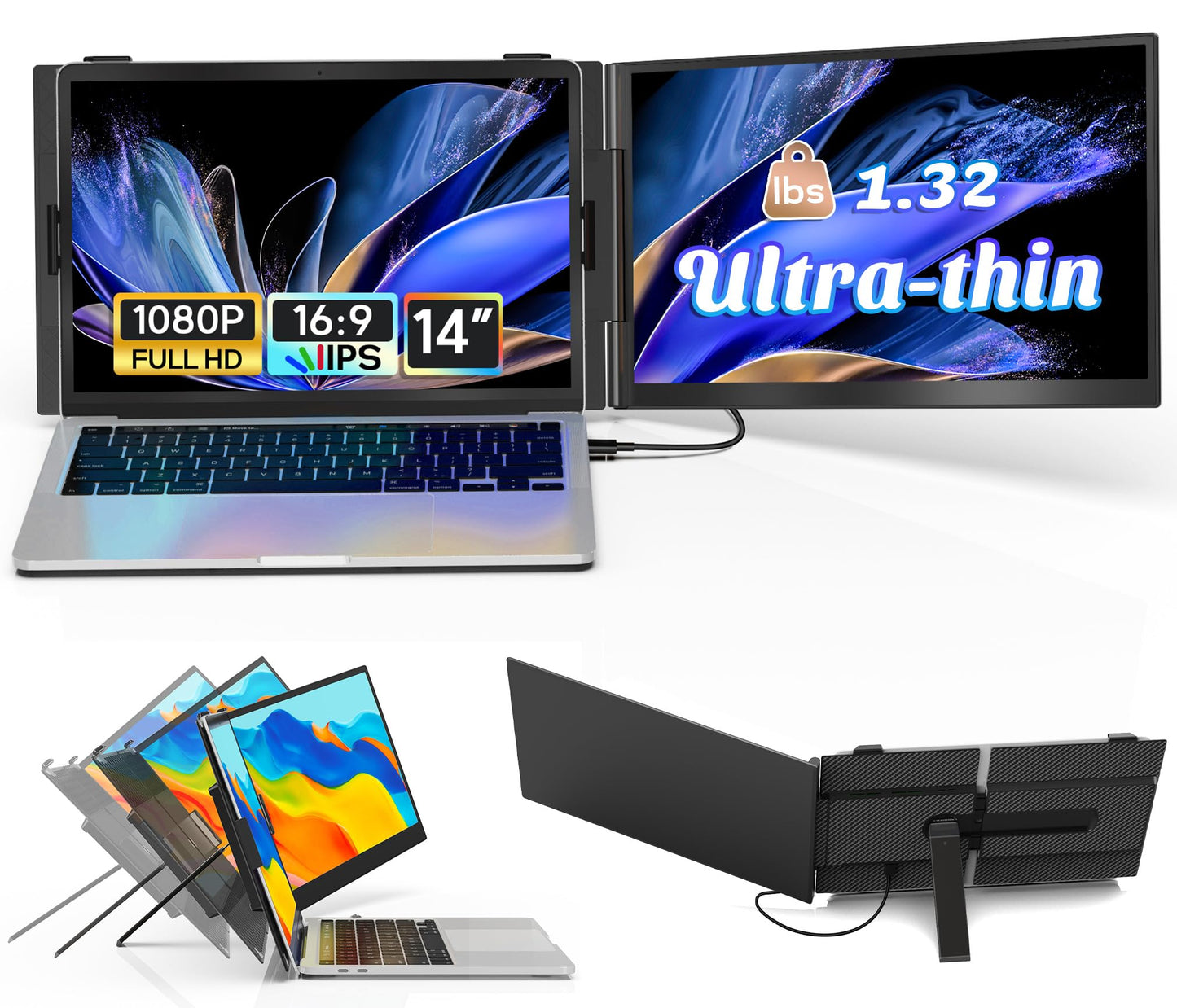 14 Laptop Screen Extender Ultra-Thin, Lightweight Portable Dual Laptop Monitor Extender with Speaker, FHD 1080P Travel Display,