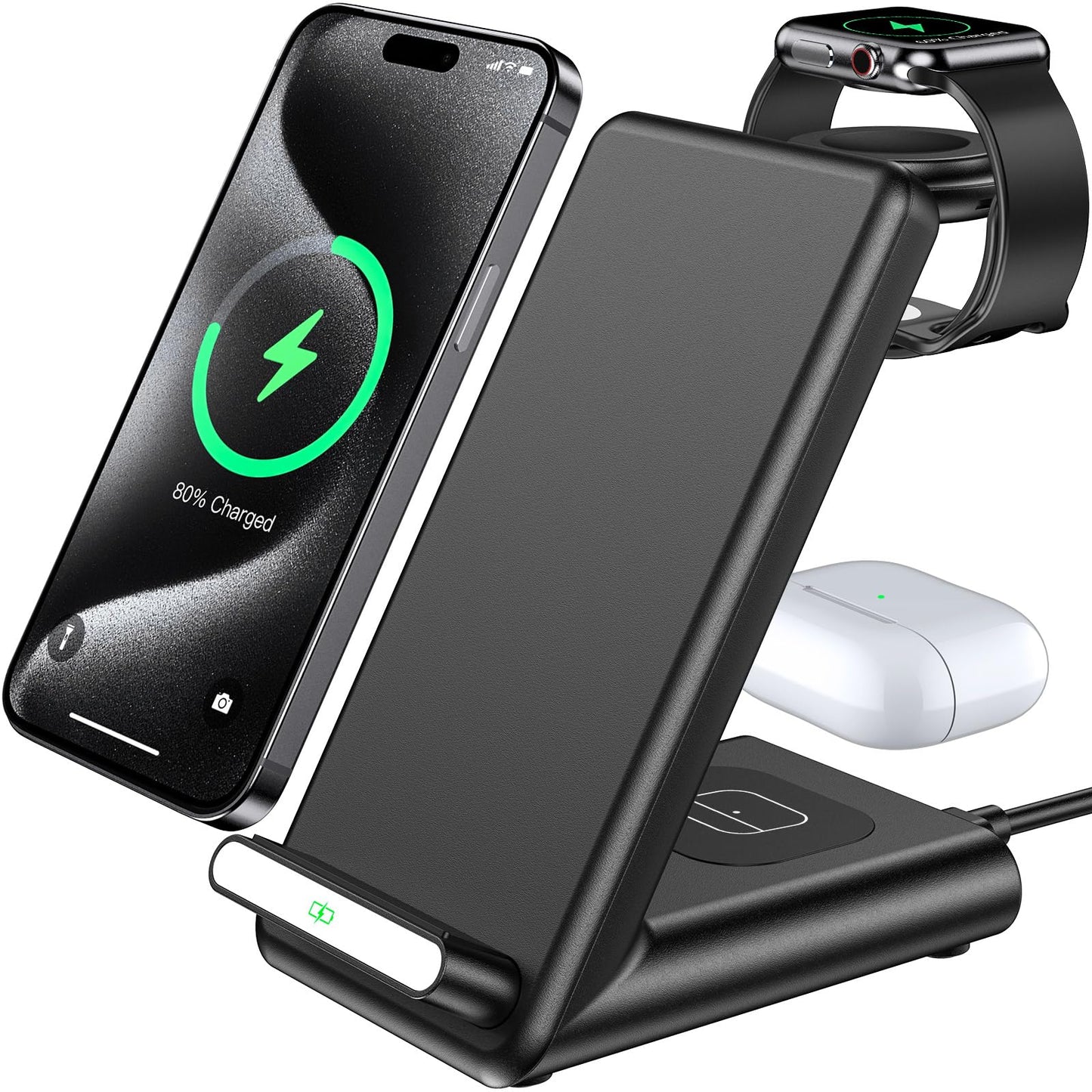 QKXC Wireless Charging Station, 3 in 1 Fast Charger for Apple Watch Ultra & iPhone 15, Black, Model X3Pro, Silicone