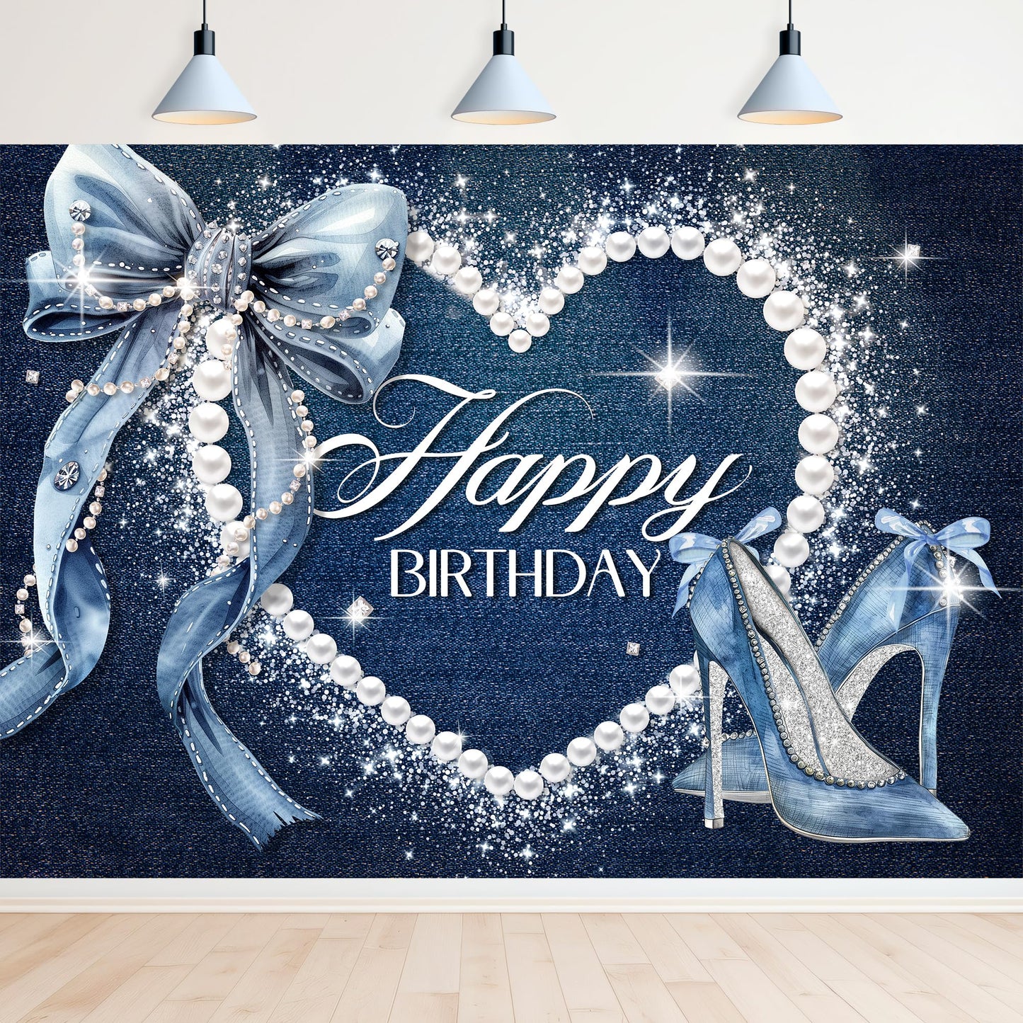 Newsely Denim and Diamonds Bow Backdrop 7Wx5H Photography Blue Coquette Happy Birthday for Women Girls Birthday Banner Backgroun