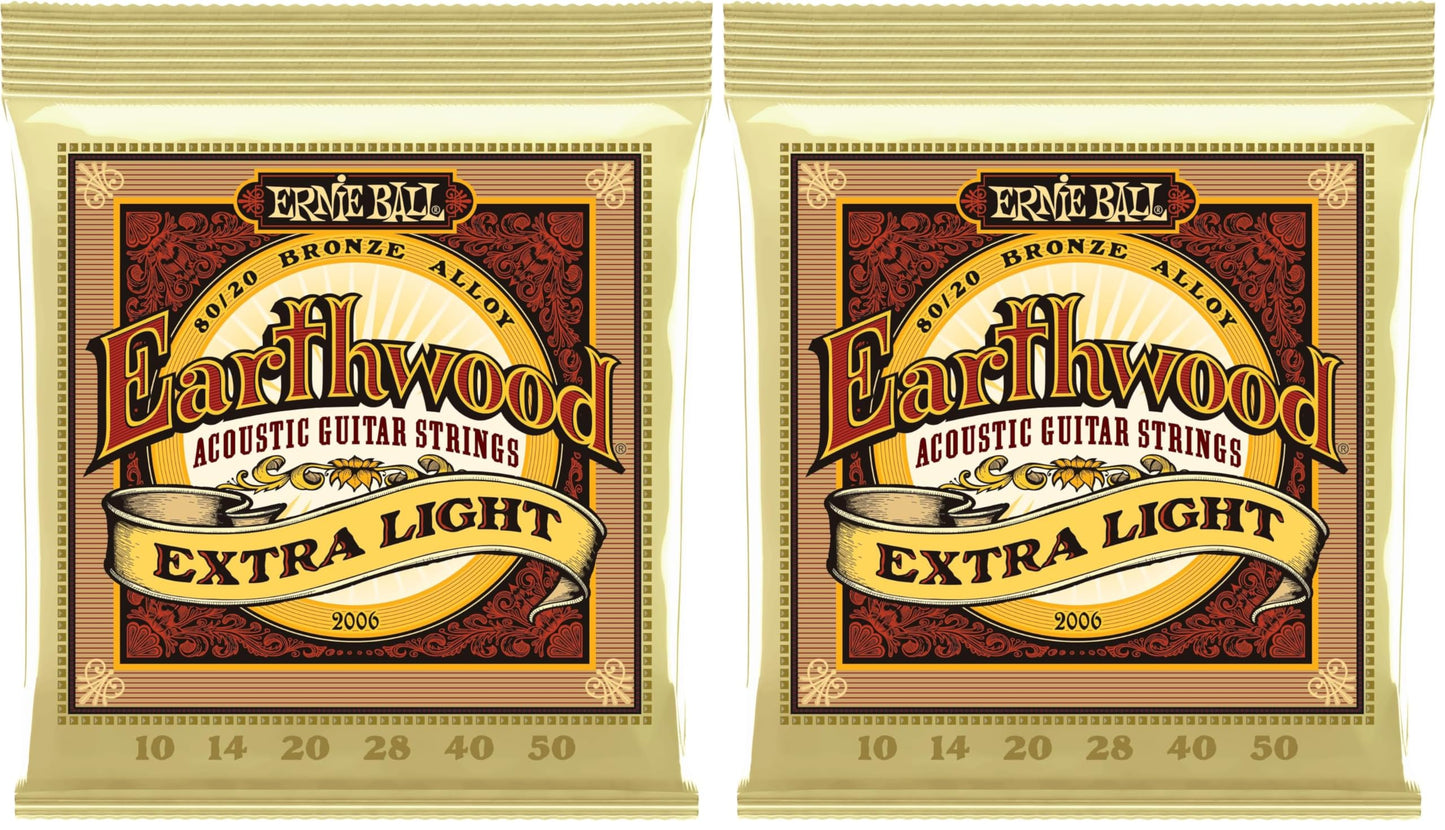 Ernie Ball Earthwood Extra Light 80/20 Bronze Acoustic Guitar Strings, 10-50 Gauge (P02006) (Pack of 2)