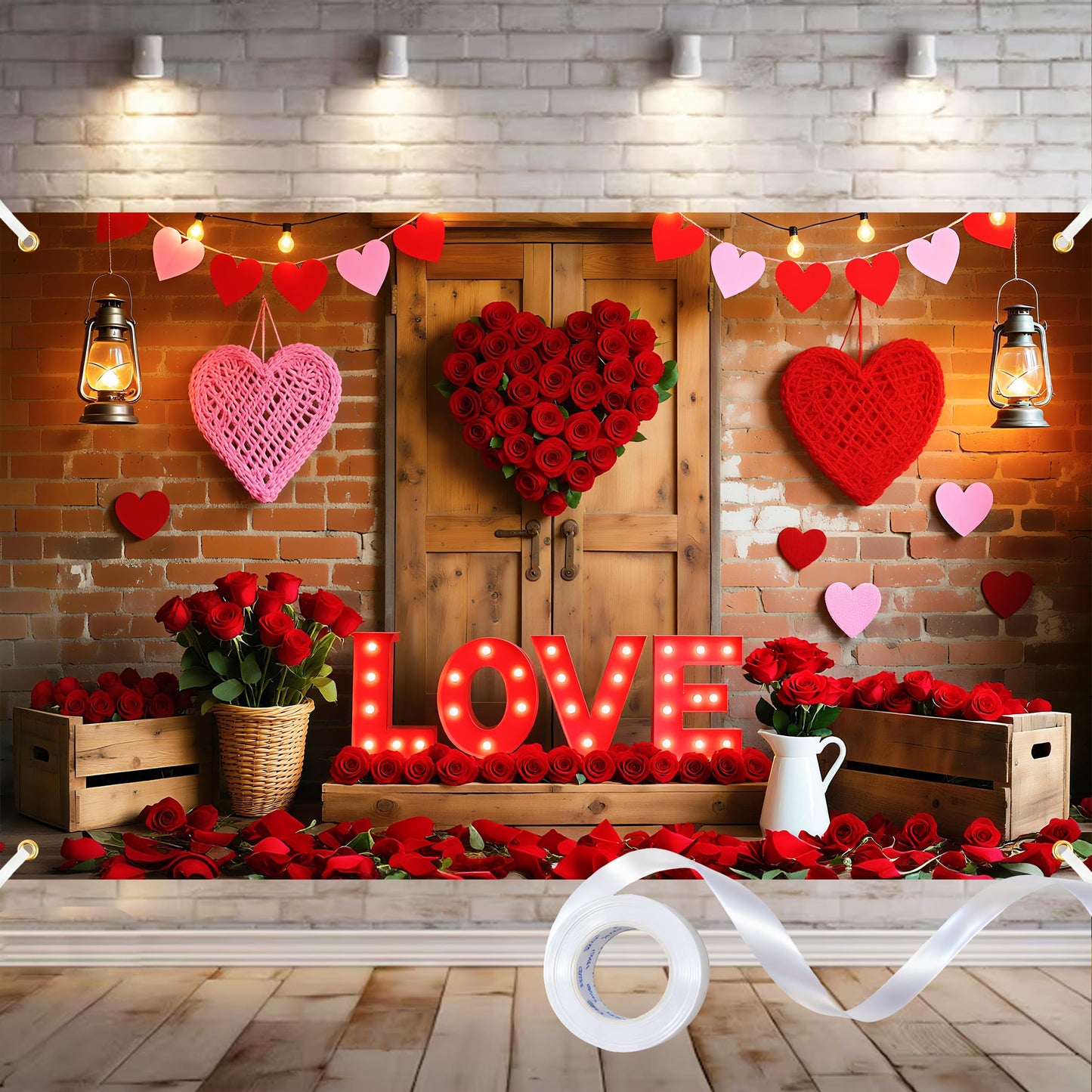 6x4ft Valentines Day Backdrop for Photography Polyester Valentines Photo Backdrop Mothers Day Backdrops Rustic Wood Door Brick