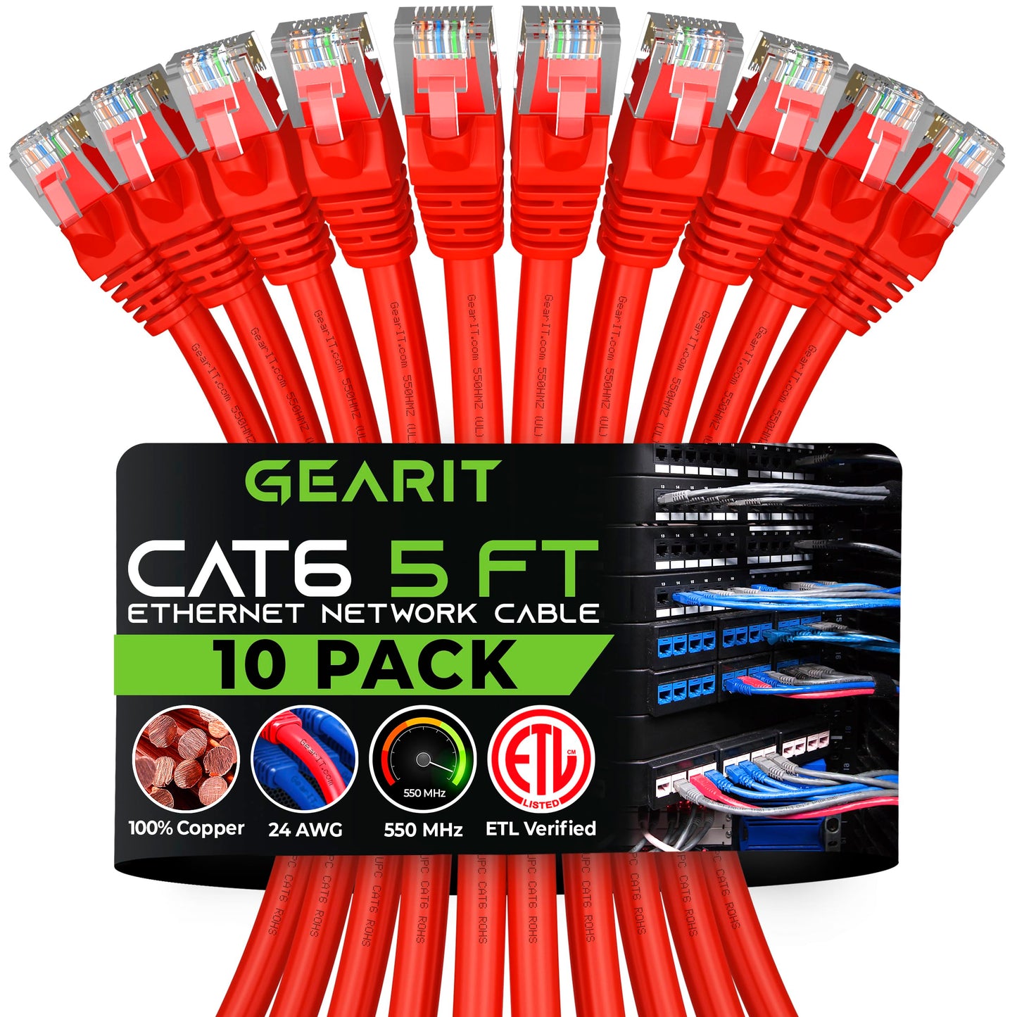 GearIT Cat 6 Ethernet Cable 5 ft (10-Pack) - Cat6 Patch Cable, Cat 6 Patch Cable, Cat6 Cable, Cat 6 Cable, Cat6 Ethernet Cable,