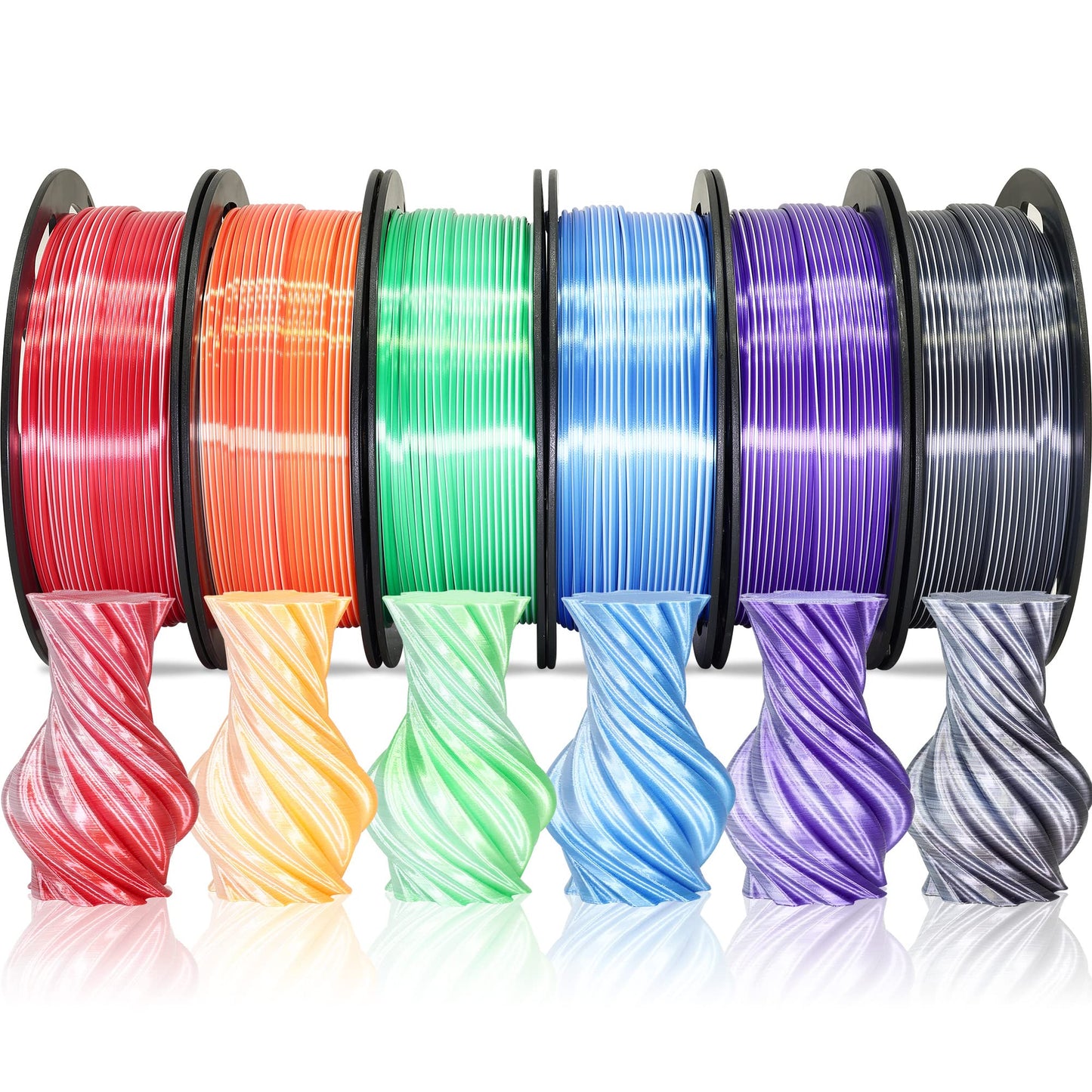 MIKA3D Dual Color 1.75mm 3D Printer Filament Bundle, Silk PLA 6 Spools Pack - White Red, Orange, Green, Blue, Purple, Black - 3D