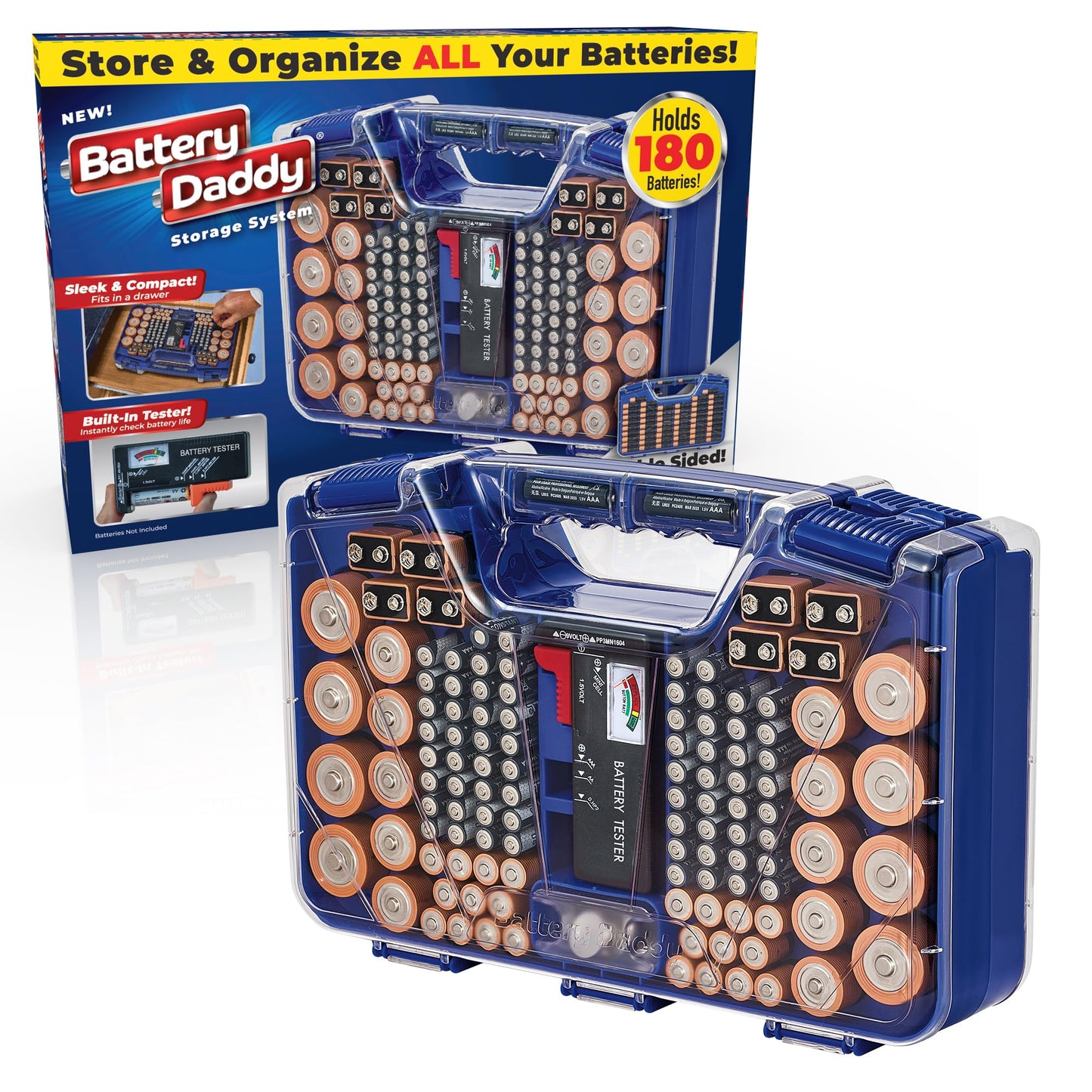 Battery Daddy Storage & Organizer Case with Tester, Stores & Protects Up to 180 Batteries, Double-Sided, Clear Locking Lid, Secu