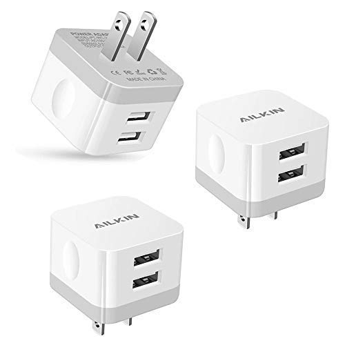 3Pack USB Wall Charger Plug, AILKIN 2.4A Dual Port USB Adapter Power Cube Fast Charging Station Box Base for iPhone 17 Air 16e 1