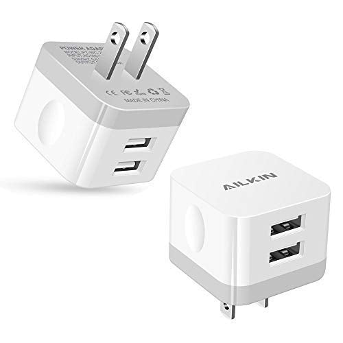 AILKIN 2Pack USB Wall Charger Plug, 2.4A Dual Port Power Adapter, Fast Charging Station, White, Model PT-WC-22