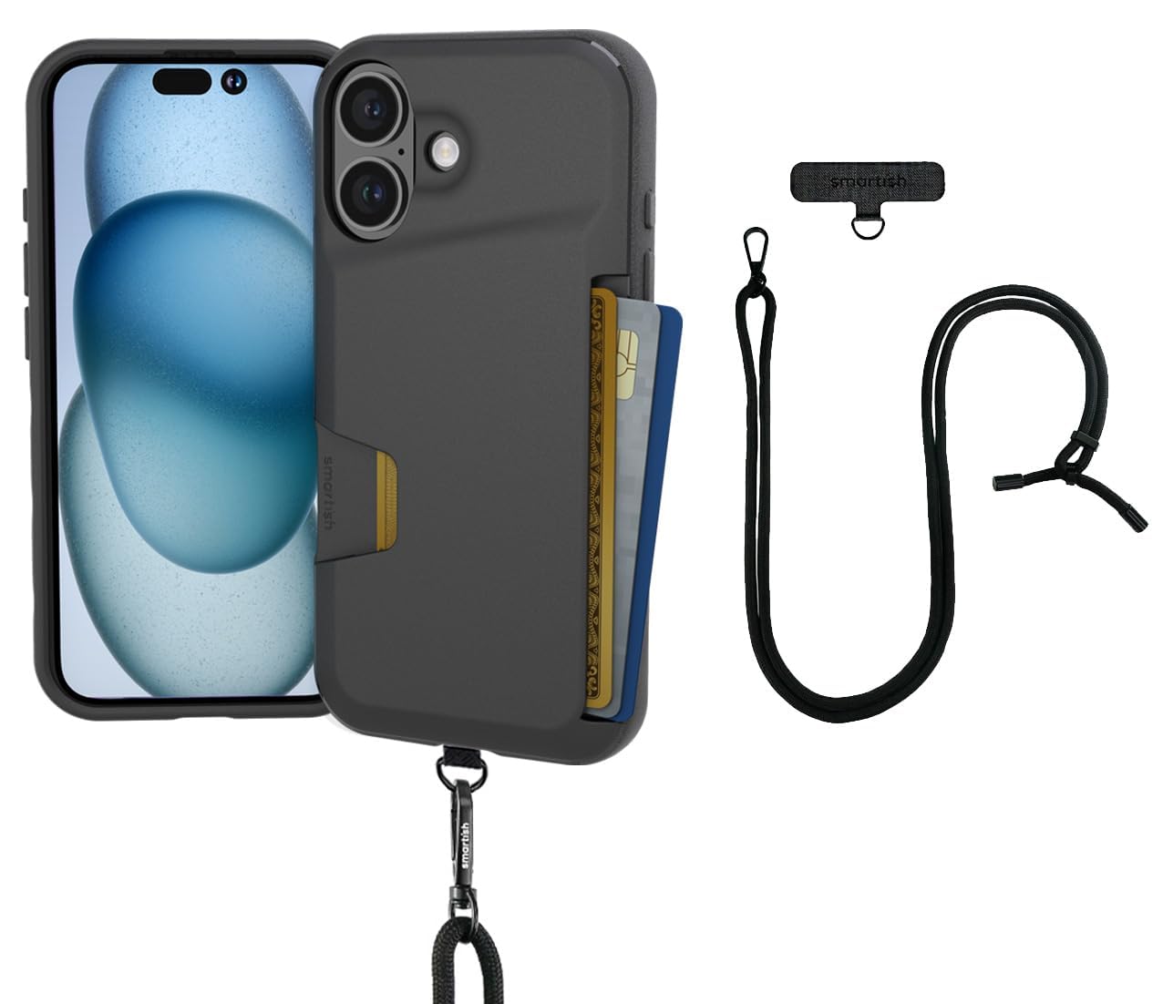 Smartish iPhone 16 Wallet Case with Crossbody Lanyard Strap - Wallet Slayer Vol. 1 - [Slim + Protective] Credit Card Holder with