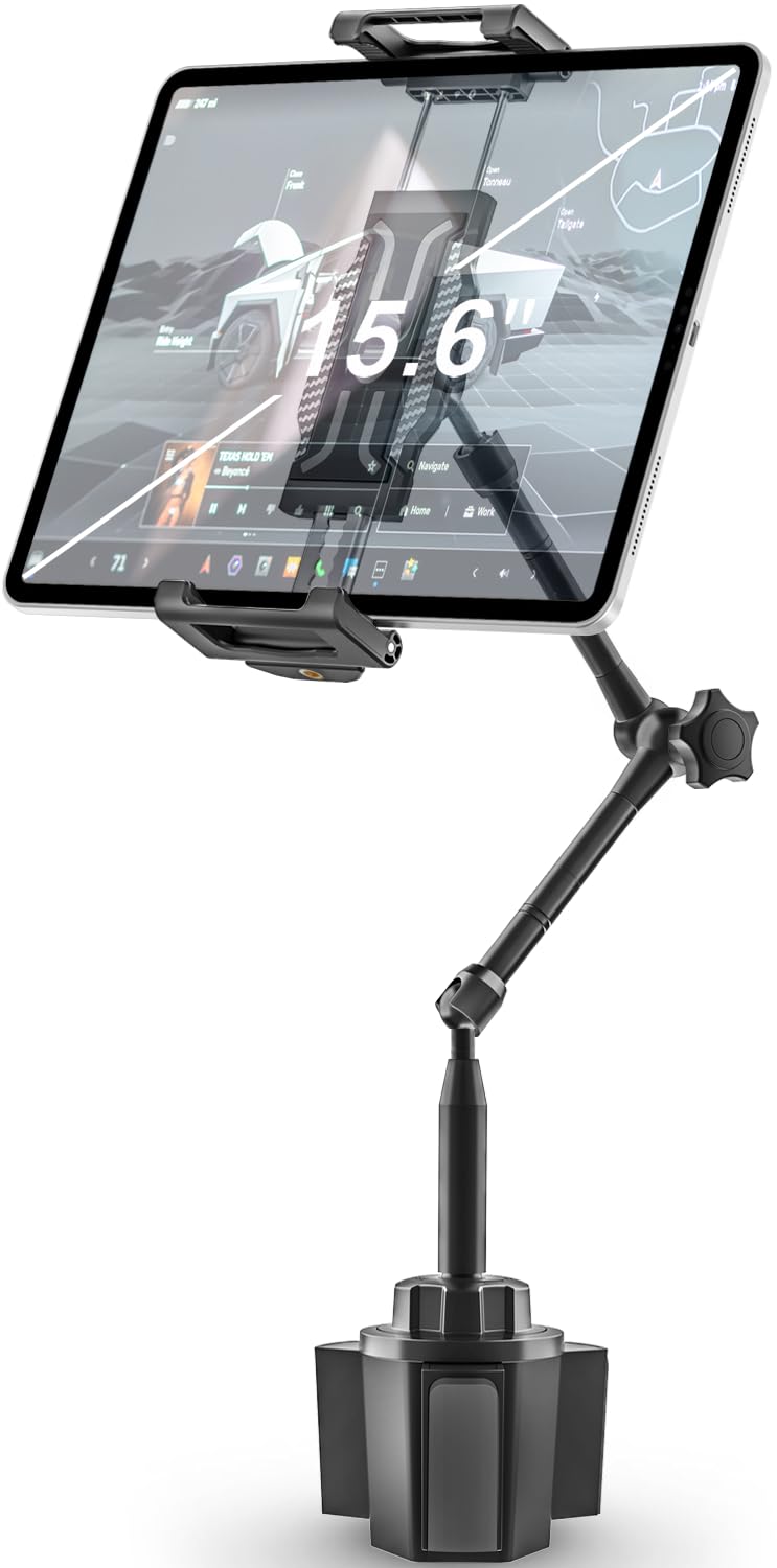 woleyi Tablet Holder for Car Cup Holder, [Full Motion Swivel 19.7 Height] Metal Tablet Car Mount for Truck, for iPad Pro Air Min