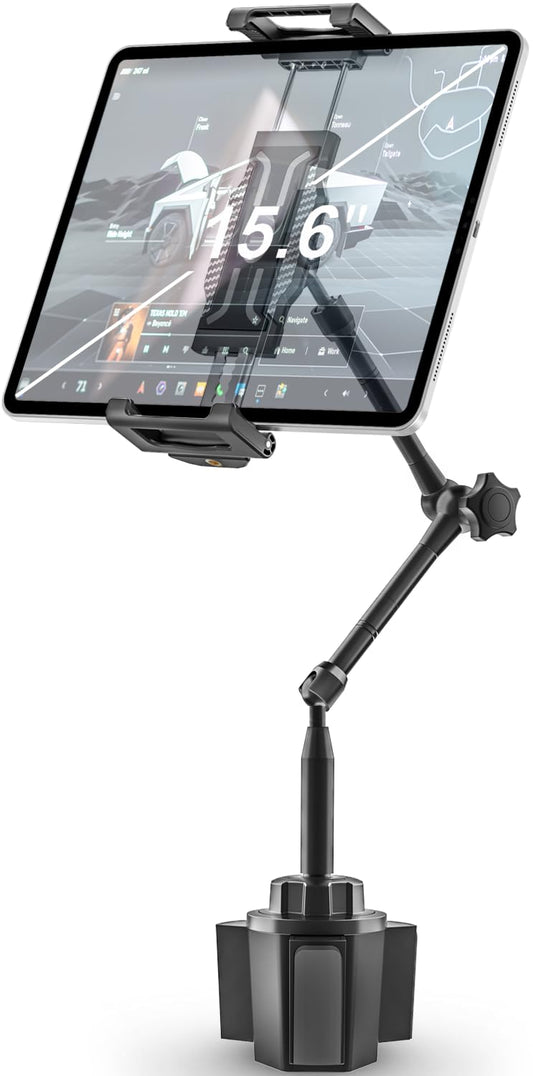woleyi Tablet Holder for Car Cup Holder, [Full Motion Swivel 19.7 Height] Metal Tablet Car Mount for Truck, for iPad Pro Air Min