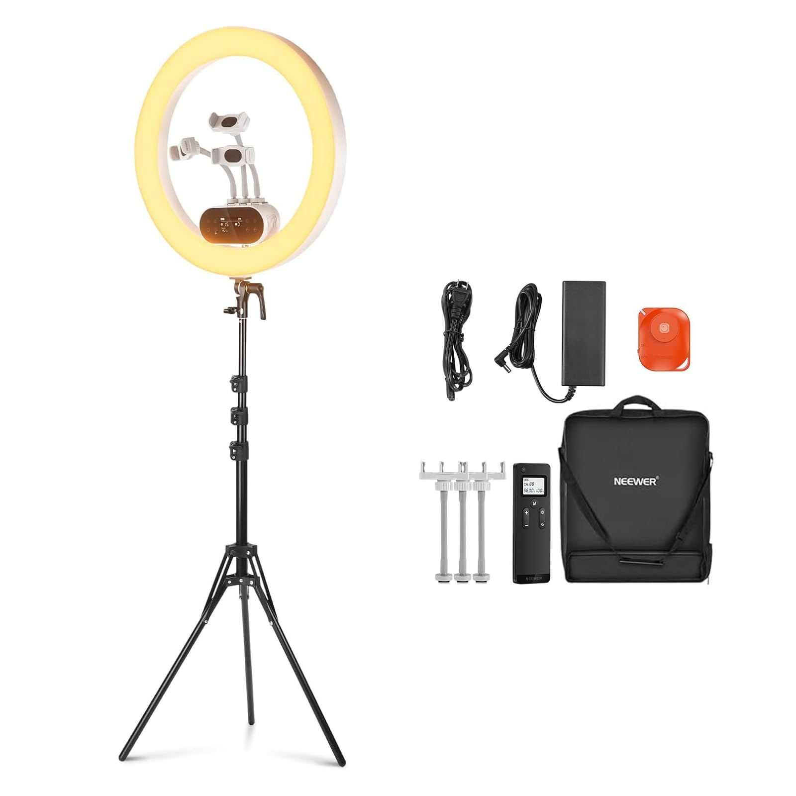 NEEWER 19 100W High Power LED Ring Light with Tripod Stand & 3 Phone Holders Compatible with iPhone, 2900-7000K CRI97+ App&2.4G