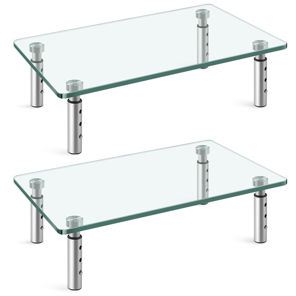 WKWKER Clear Glass Desk Stand 2 Pack Computer Monitor Riser with Height Adjustable Multi Media Monitor Stand Desktop Flat for La