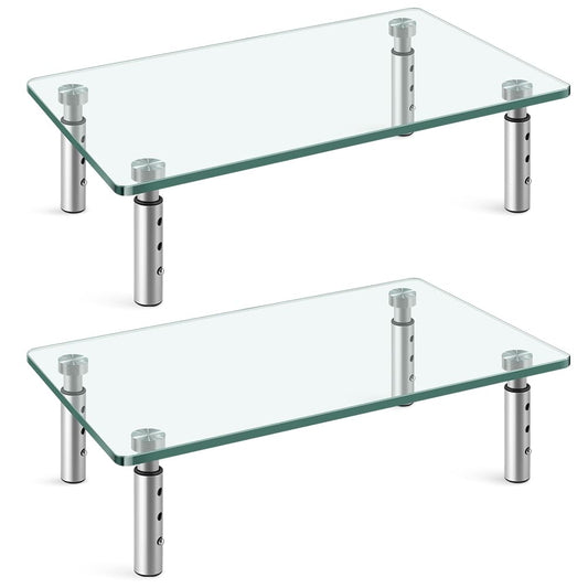 WKWKER Clear Glass Desk Stand 2 Pack Computer Monitor Riser with Height Adjustable Multi Media Monitor Stand Desktop Flat for La