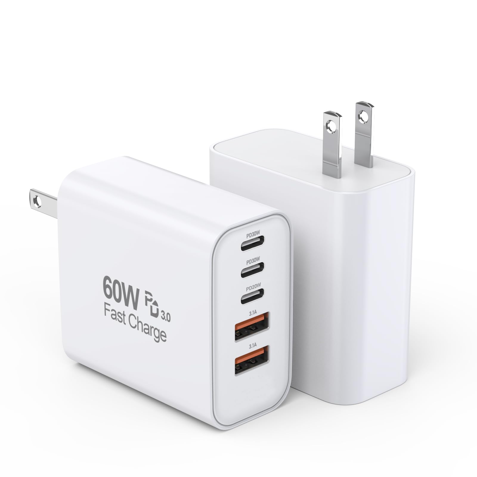 USB C Fast Charger Block, 2Pack 60W 5-Port Type C iPhone Charger Plug, Apple Fast Charging Block, 3 USB C+2 USB A PD & QC 3.0 Po