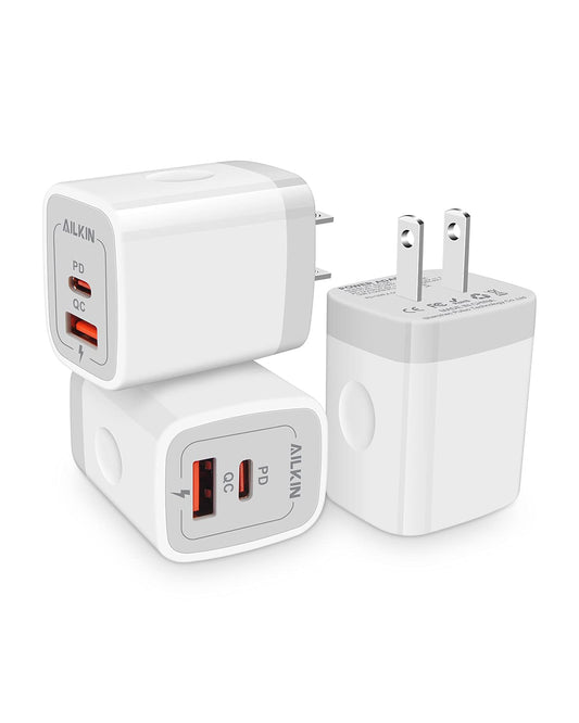 AILKIN 20W USB-C Wall Charger, Dual Port Fast Charging Block, QC3.0, White, Compatible with iPhone 17/16/15/14 Series