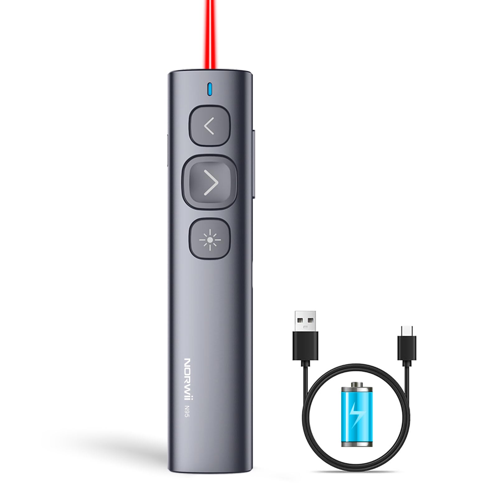 Norwii N95 Wireless Presentation Clicker, Rechargeable Remote Pointer for iPad/Mac/Laptop - Red, USB-A