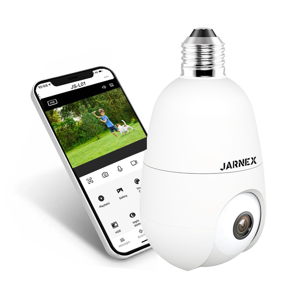 Jarnex 4MP Bulb Home Security Camera - 5G & 2.4GHz WiFi, 360 Wireless Outdoor/Indoor, Color Night Vision, 2-Way Audio, Siren Ala