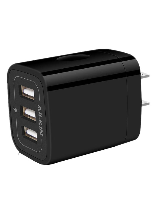 Wall Charger Plug, USB Charger Cube, AILKIN 3.1A 3-Muti Port USB Adapter Power Plug Charging Station Box Black Base for iPhone 1