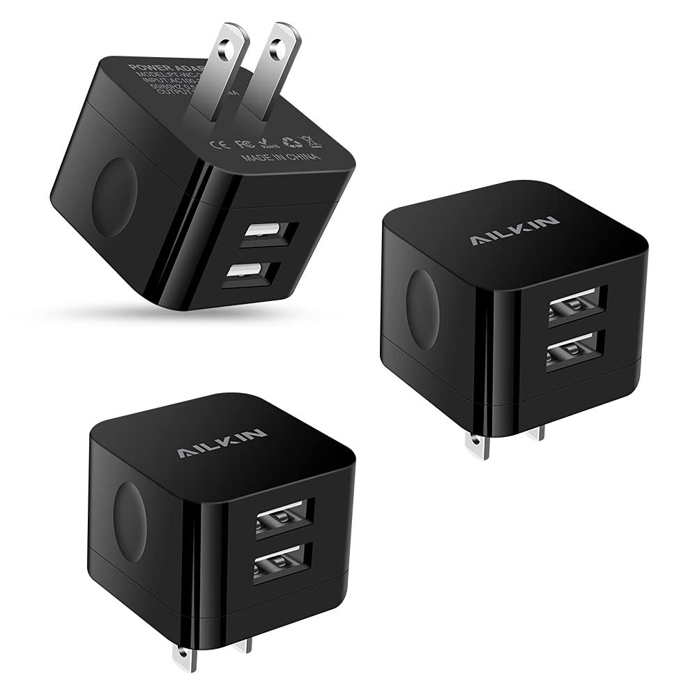 3Pack USB Wall Chargers, 2.4A Dual Port Fast Charger Block Square Flat Power AC Adapter Phone Brick Charging Station for iPhone,