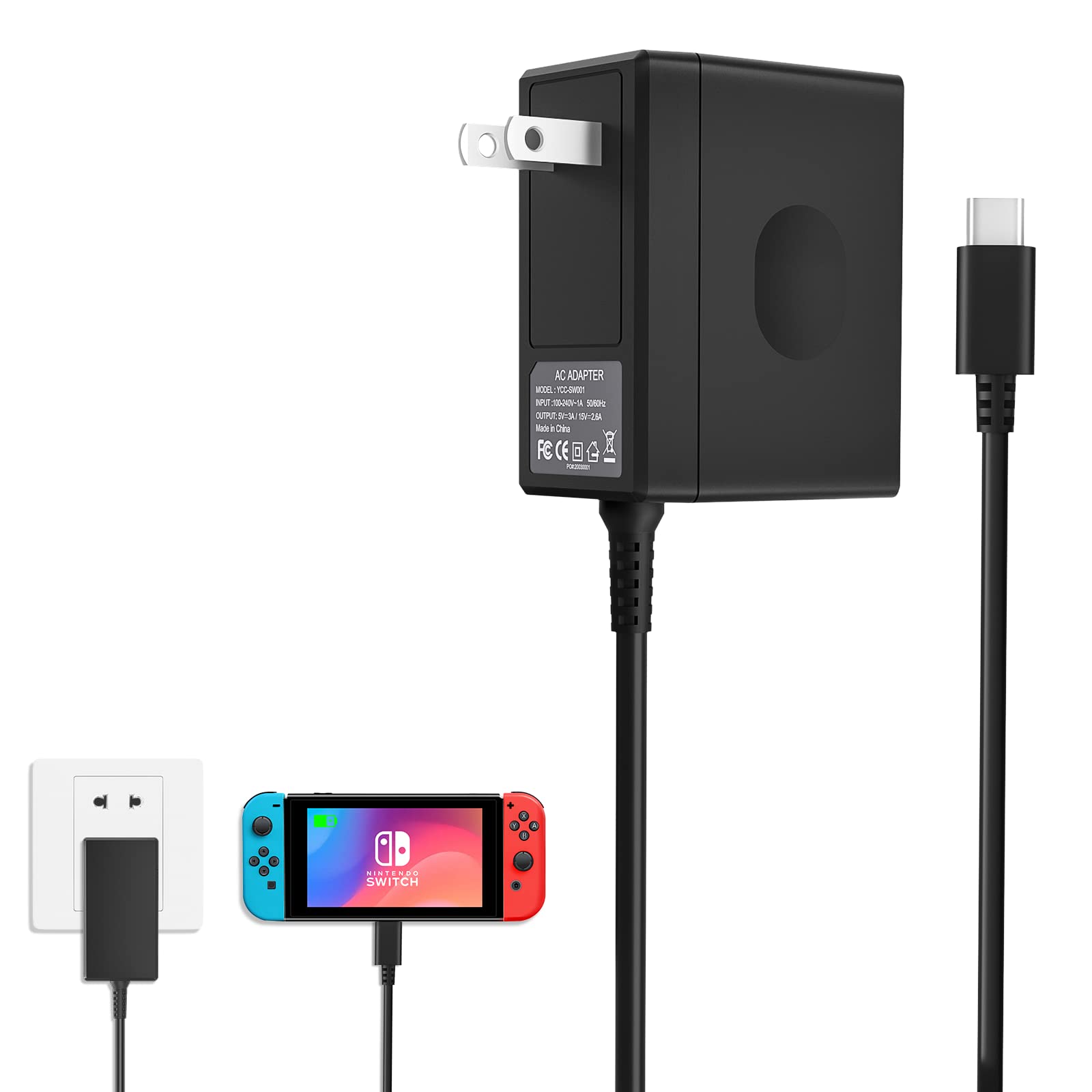 YCCSKY Charger for Nintendo Switch,AC Adapter for Nintendo Swith - Fast Travel Wall Charger with 5FT USB C Cable 15V/2.6A Power