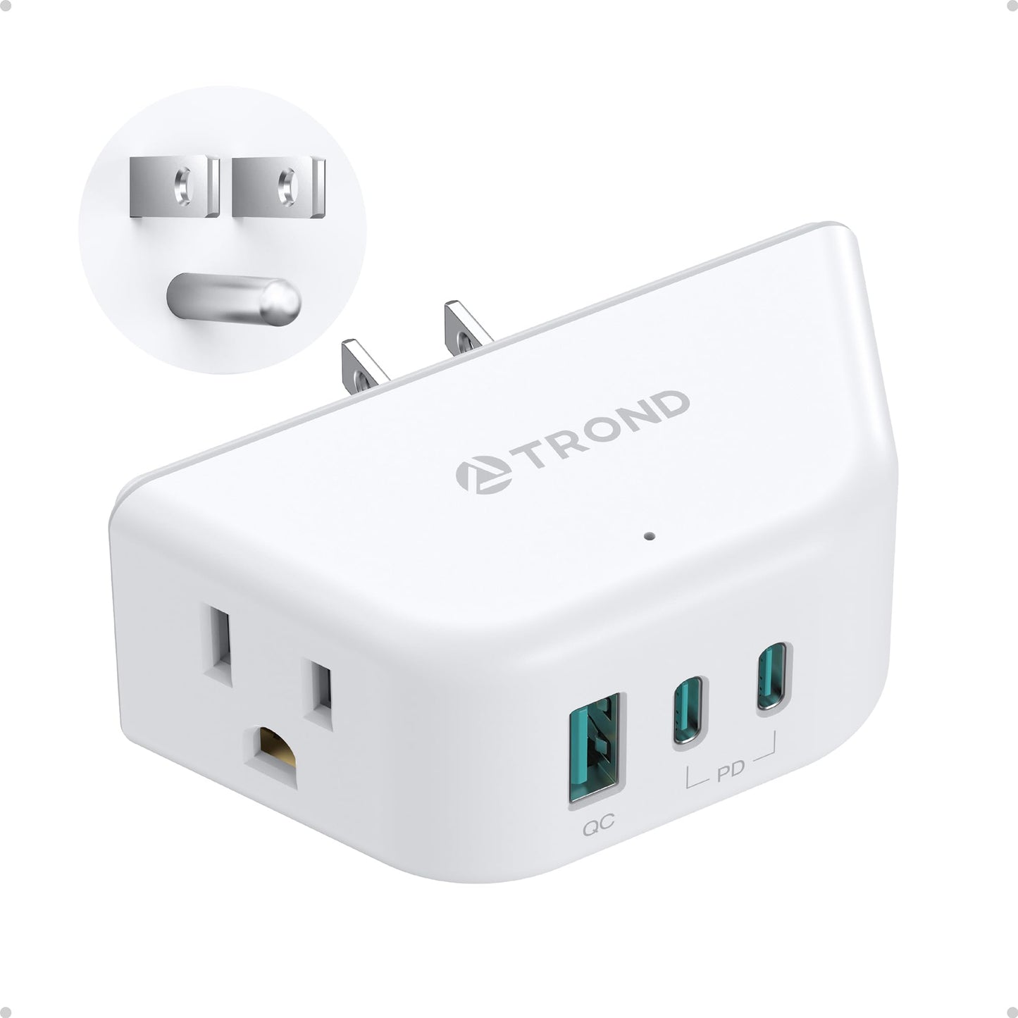 TROND Outlet Extender with USB C PD 20W, Outlet Splitter with 2 AC Sockets, 3-Side Design Wall Plug Adapter, for Home Office Cru