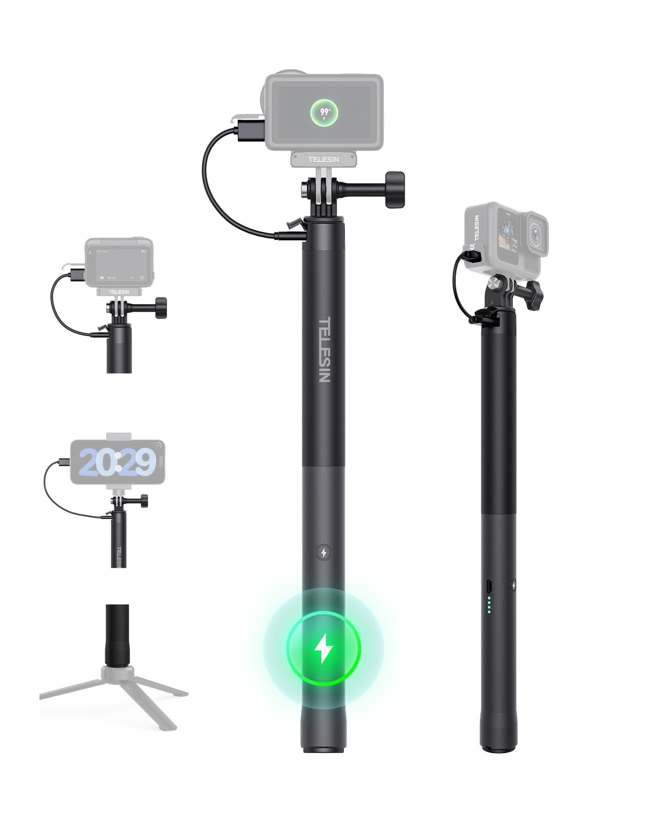 TELESIN Power Grip Selfie Stick for DJI OSMO Namo Action 6 5 Pro 4 3,GoPro Hero 13 12 11,Insta360 X5 X4 Action Camera & Phone, 4