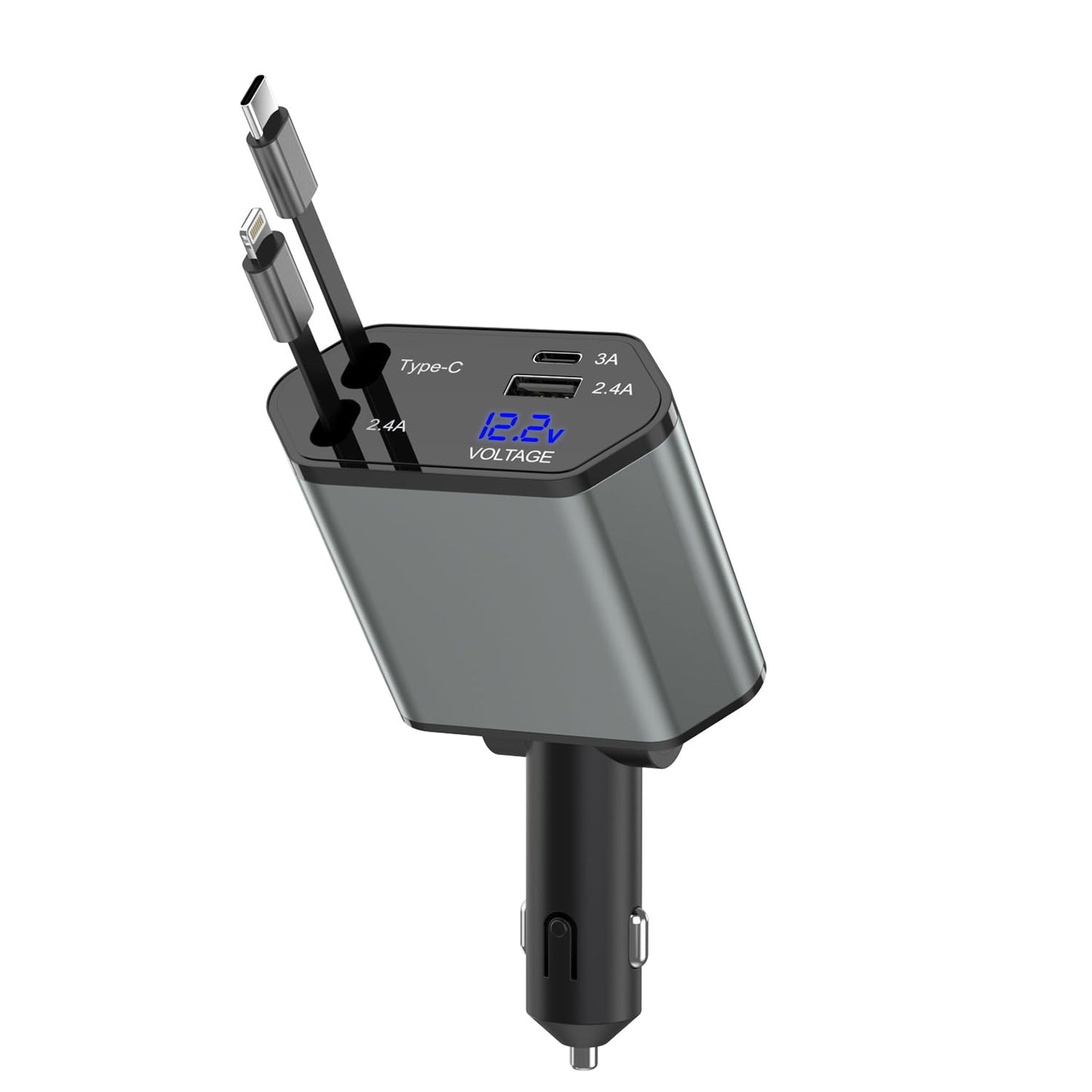 Retractable Car Charger,66W 4 in 1 iPhone 16 15 Car Charger Adapter with 2 Retractable iPhone ChargerCables(USB C & Lightning),2