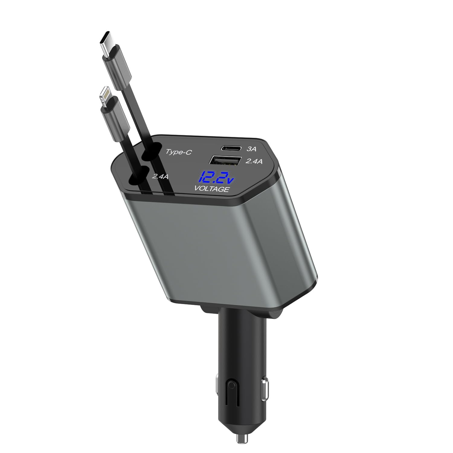 Retractable Car Charger,66W 4 in 1 iPhone 16 15 Car Charger Adapter with 2 Retractable iPhone ChargerCables(USB C & Lightning),2
