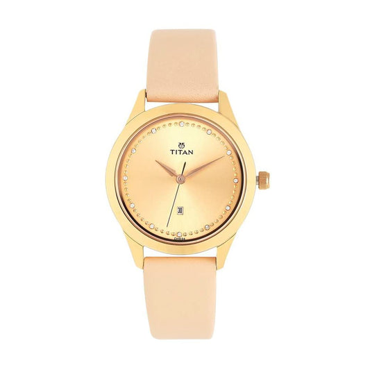 Titan Sparkle Womens Quartz Analog Watch - Pink Leather Band - Pink Face With Rose Gold Hands And Swarovski Crystals