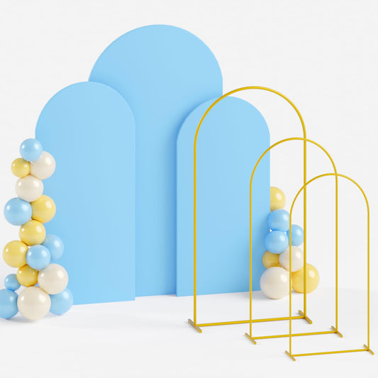 ROMANKAS Arch Backdrop Stand and Cover Set Dusty Blue Arch Backdrop Cover Gold Wedding Arched Frame 6&6.6&7.2ft Backdrop Arches