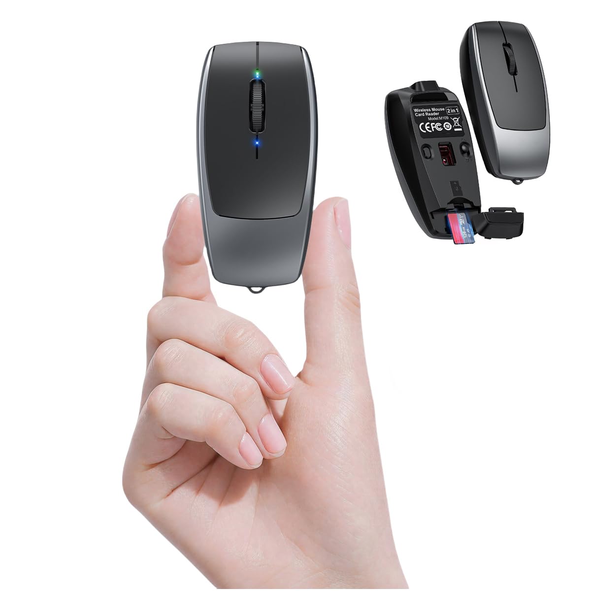 Wireless Mouse Mini Small Finger Bluetooth Mouse with TF Card Reader,Silent Pocket Portable Handheld Tiny Compact USB Travel Opt