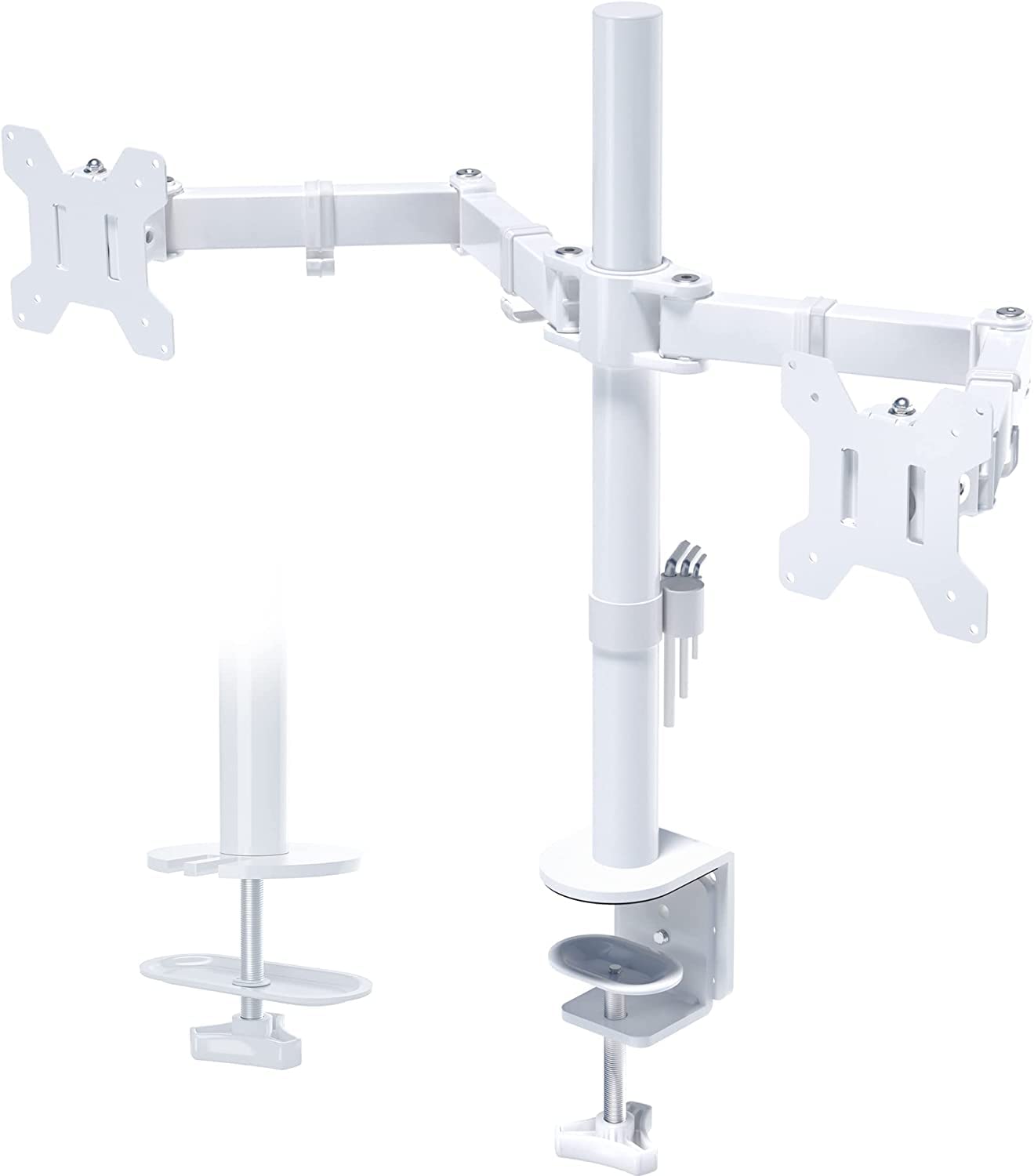 BONTEC Dual Monitor Desk Mount, Full Motion Adjustable White Monitor Stand for 13-27 Inch Screens, Heavy Duty Arms Hold 22 lbs E