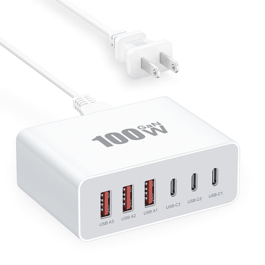 USB C Charger Block, 100W GaN Fast Charging Blocks USBC Charger 6 Port Charging Station Hub Brick Cube, USB-C Wall Charger Type