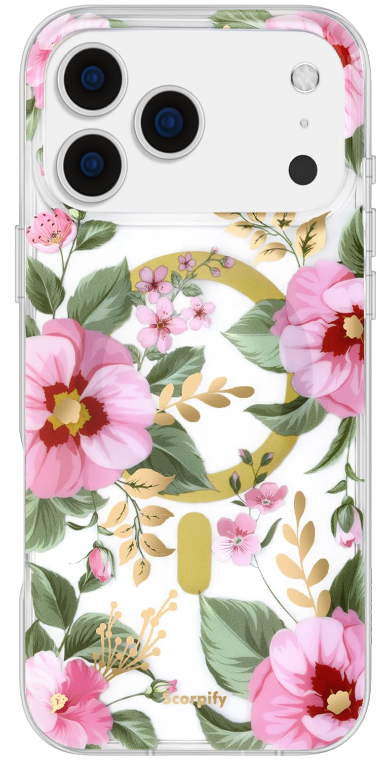SCORPIFY for iPhone 17 Pro Max Case [Compatible with MagSafe] with Pink Primrose Floral Design, Cute Clear Flower Magnetic Phone
