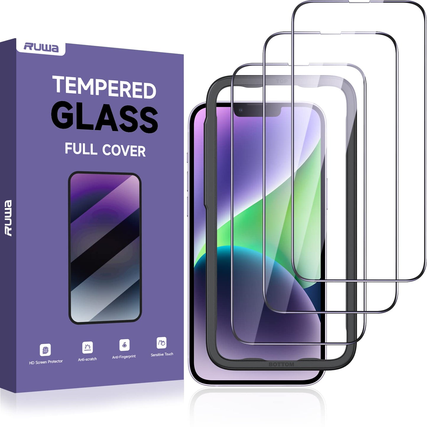 ruwa Screen Protector for iPhone 13/13 Pro/14/16e [3-Pack] [6.1 Inch] Display Tempered Glass Film with Easy Installation Frame,