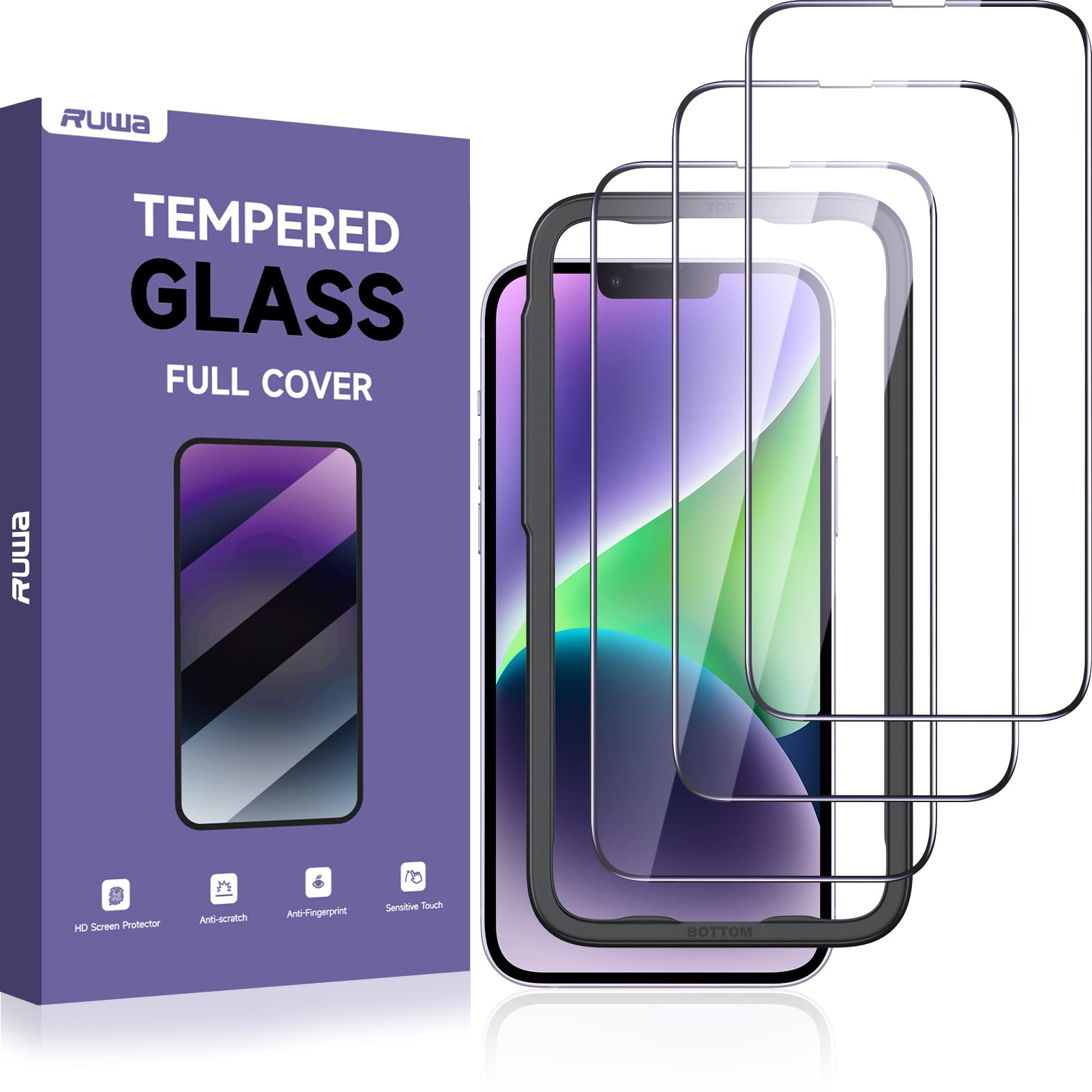 ruwa Screen Protector for iPhone 13/13 Pro/14/16e [3-Pack] [6.1 Inch] Display Tempered Glass Film with Easy Installation Frame,
