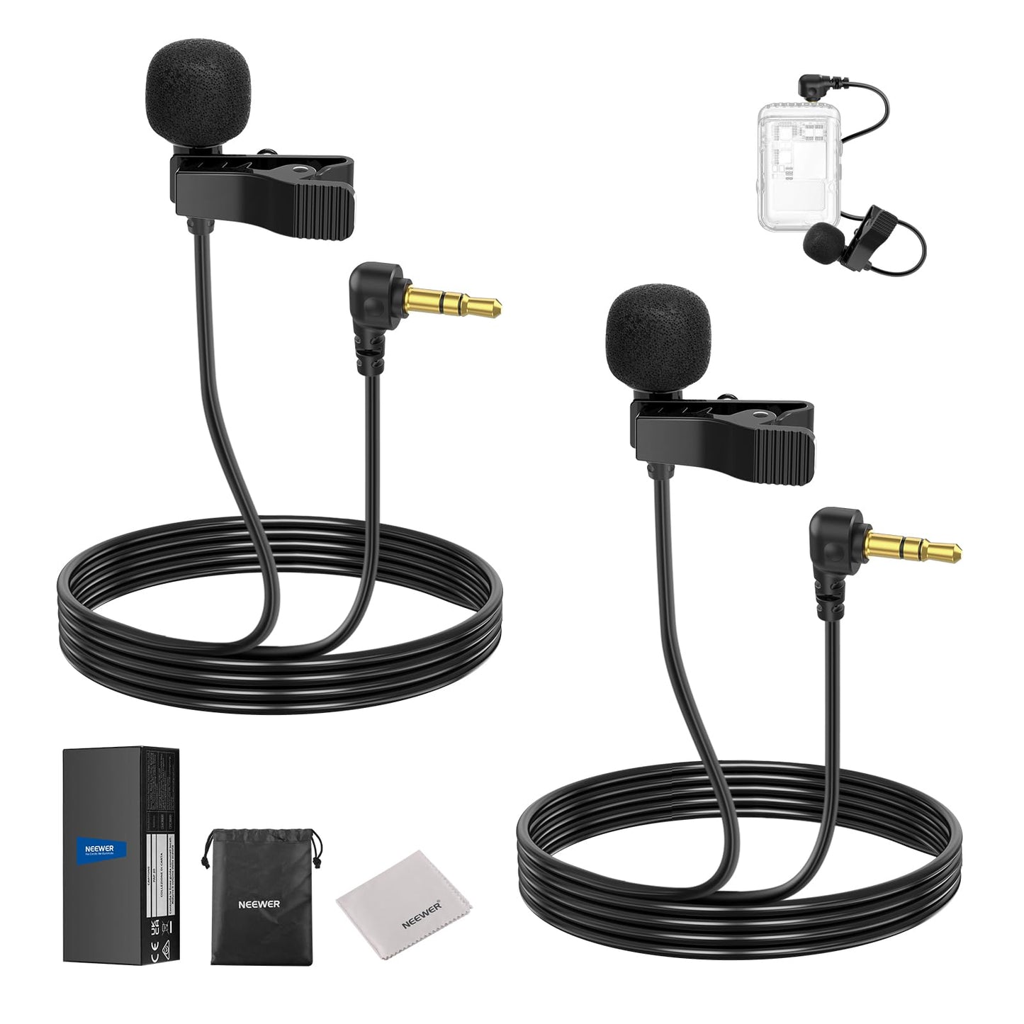 NEEWER LM5 Mini Lavalier Microphone (2 Pack), 6.6ft/2m Clip On Wired 3.5mm TRS Condenser Lapel Lav Mic with Cleaning Cloth Compa