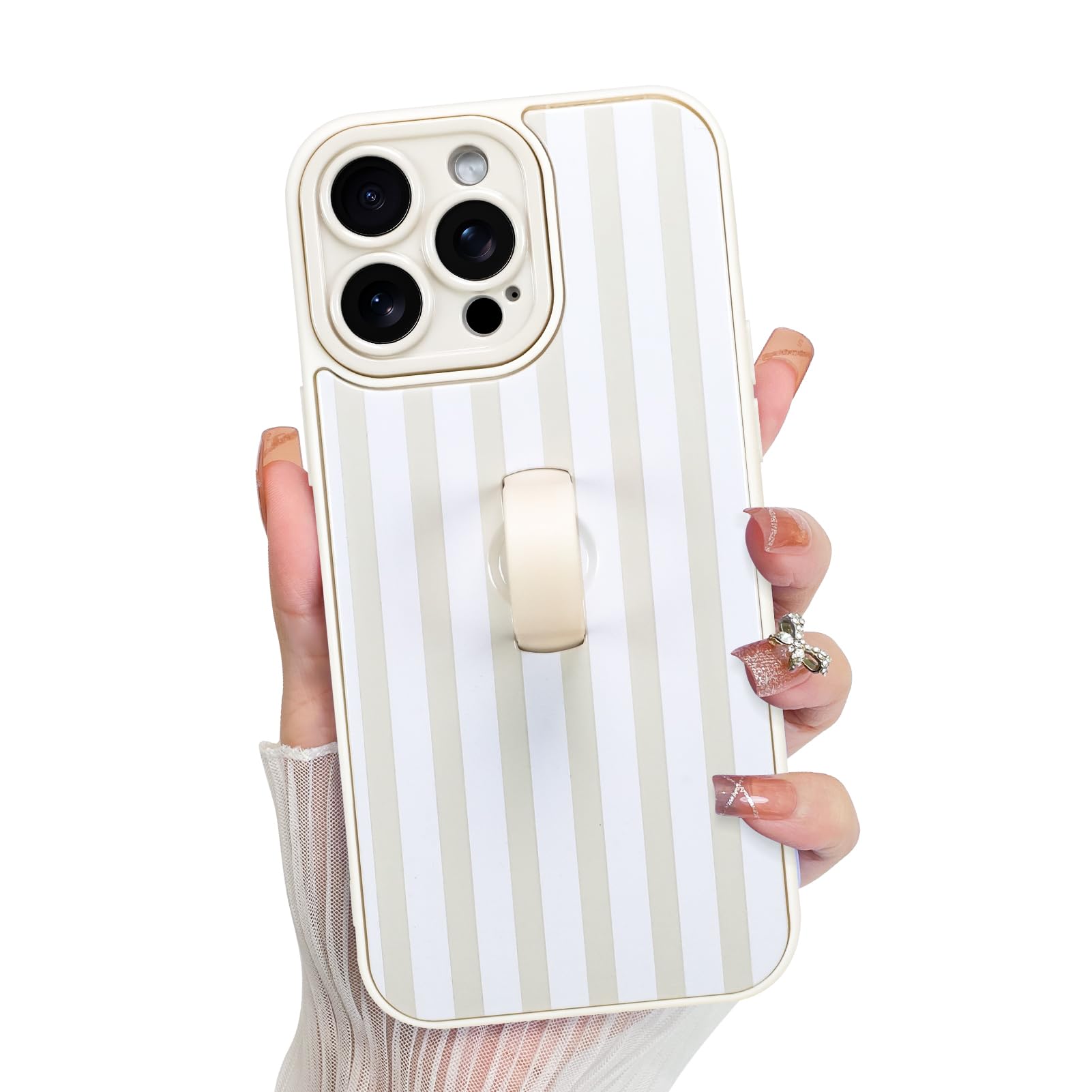KANGHAR Compatible with iPhone 14 Pro Case, Silicone Stripes Cute Pattern, Wristband Kickstand Camera Protection Soft Slim Cover
