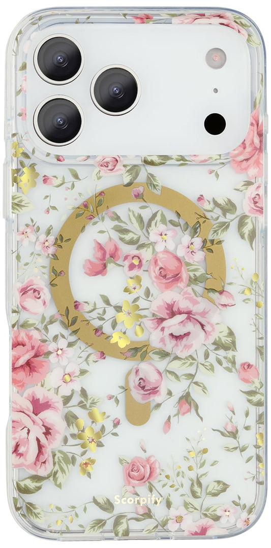 SCORPIFY for iPhone 17 Pro Case [Compatible with MagSafe] with Country Rose Floral Design, Cute Clear Flower Magnetic Phone Cove