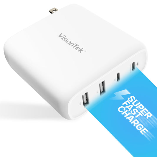 VisionTek GaN II 100W Wall Fast Charger - Quad Ports 2X USB-C 2X USB-A - Compatible with MacBook Pro/Air, Ipad, iPhone, Galaxy,