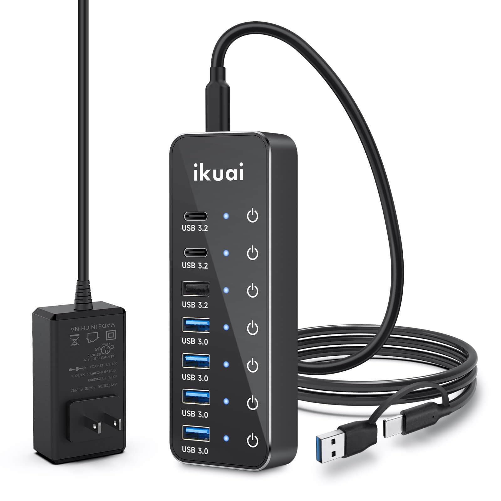 Powered USB Hub, ikuai 7-Port USB 3.2 / USB C Hub, with 3 10Gbps Data Ports (2 USB-C + 1 USB-A) and 4 USB A 3.0 Ports for PC Lap
