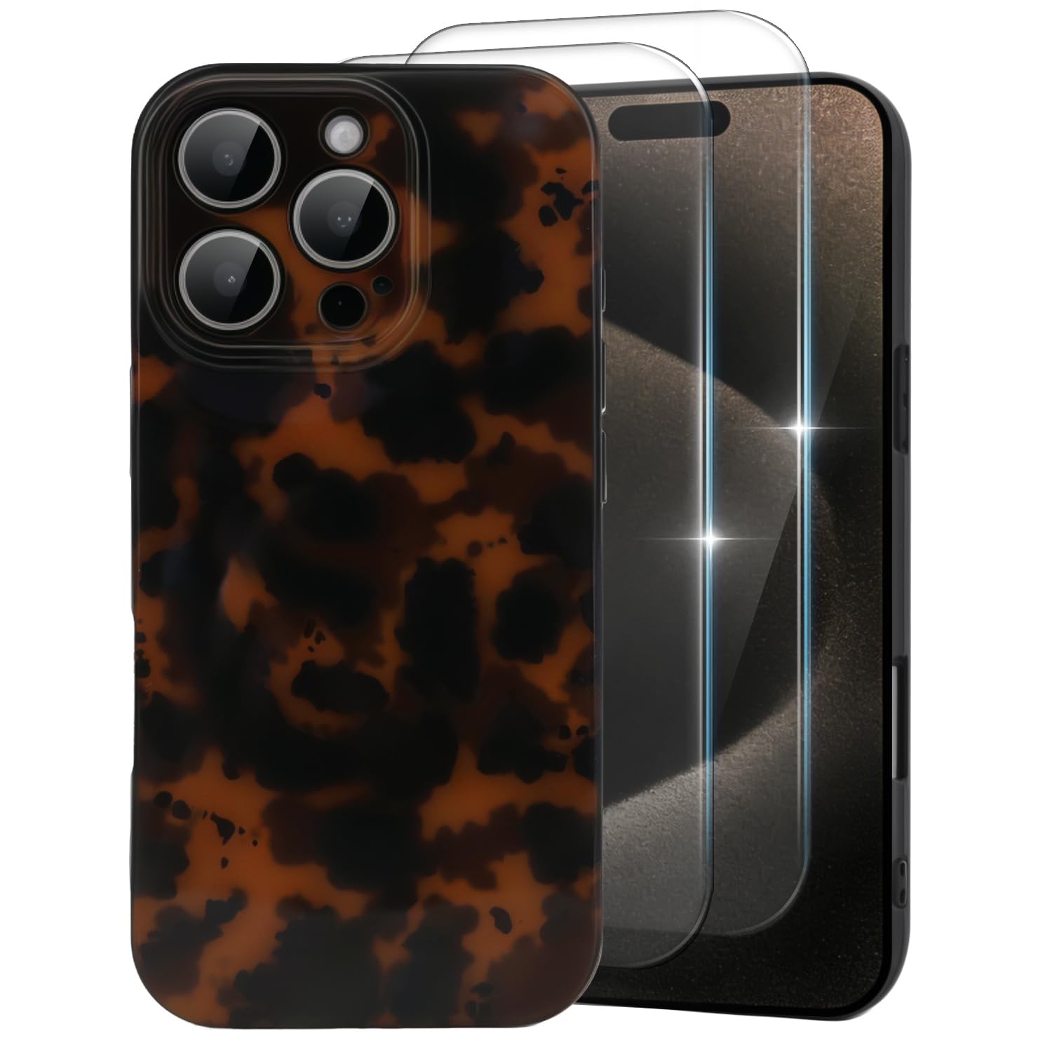 Cute Phone Case for iPhone 15 Pro Max Case, [with 2X Screen Protector] Tortoise Shell Pattern Leopard Full Camera Protective Sli