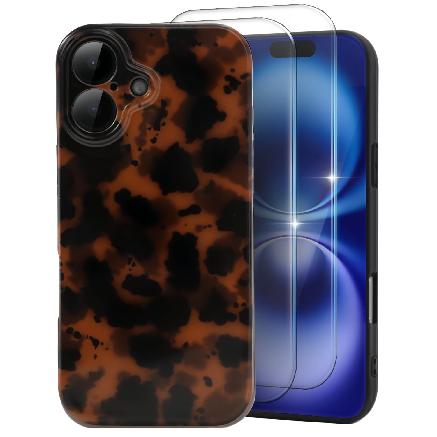 MYY Cute Phone Case for iPhone 16 Plus, [with 2X Screen Protector] Tortoise Shell Pattern Leopard Full Camera Protective Slim Sh