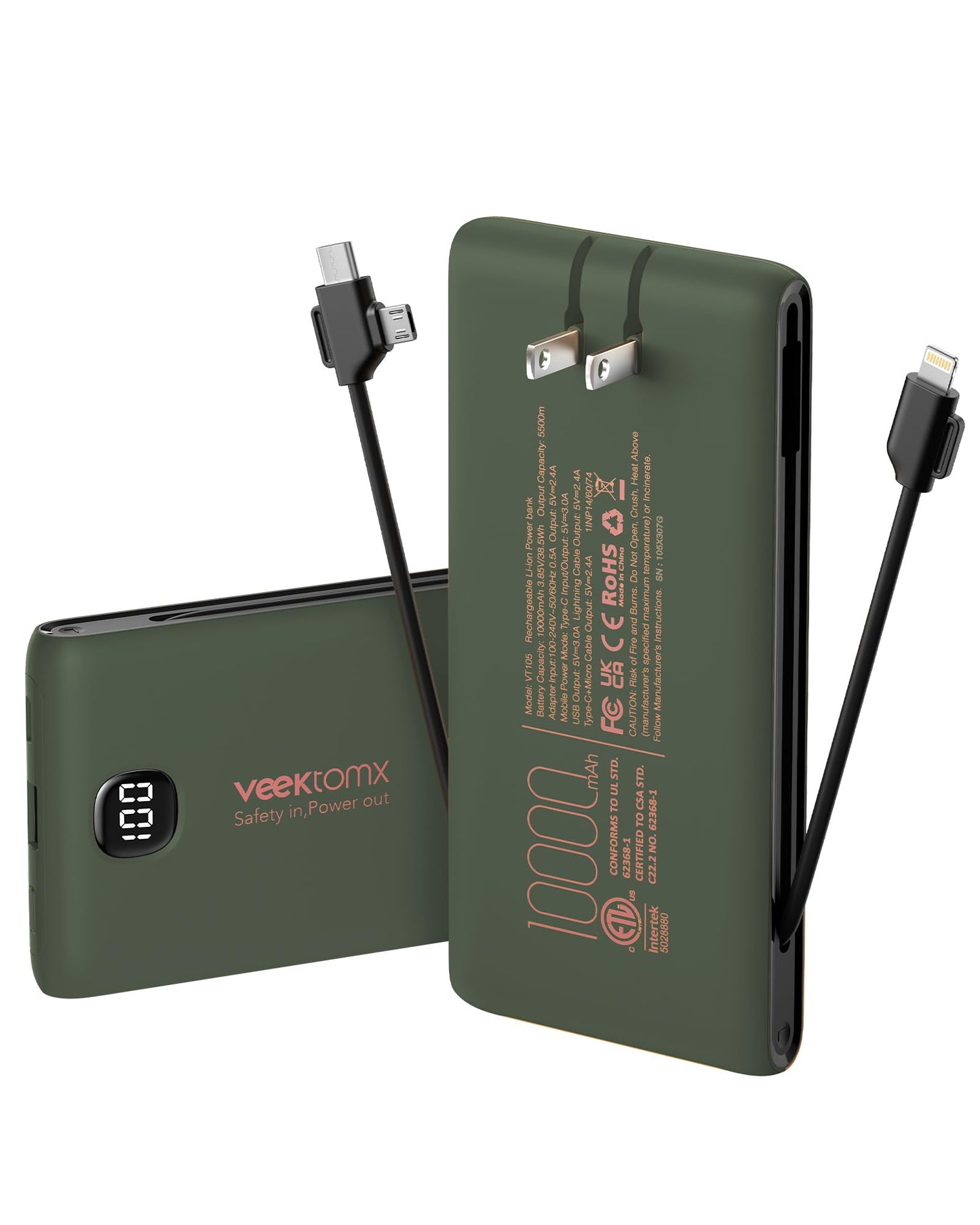 Portable Charger Power Bank Built in Cables and Wall Plug, 10000mAh iPhone Battery Pack Fast Charging, USB C External Slim Power