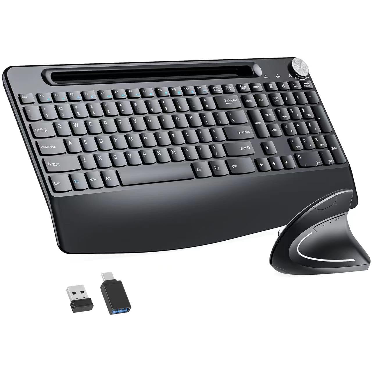 Sksyloo Full-Size Ergonomic Keyboard and Mouse, 2.4GHz Wireless Keyboard and vertical Mouse with Tablet Phone Holder, Wrist Rest