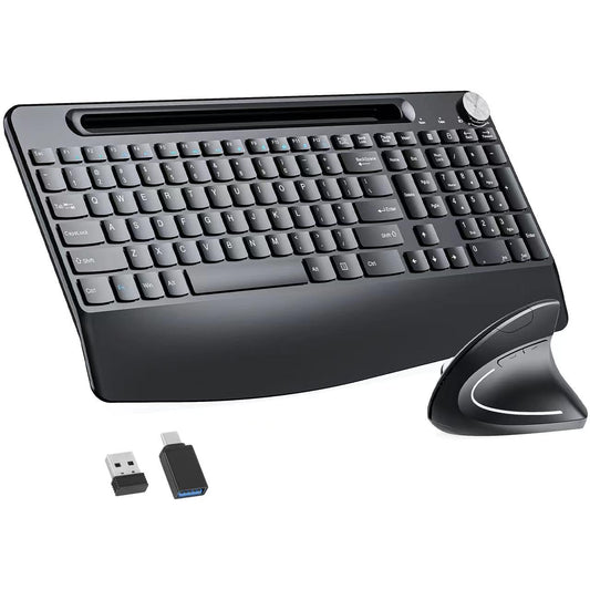 Sksyloo Full-Size Ergonomic Keyboard and Mouse, 2.4GHz Wireless Keyboard and vertical Mouse with Tablet Phone Holder, Wrist Rest