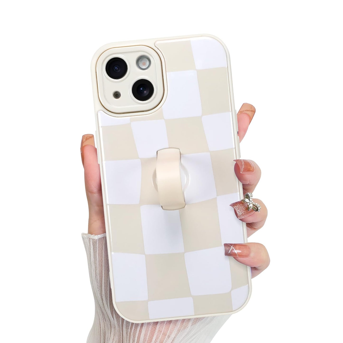 KANGHAR Compatible with iPhone 14 Case, Silicone Checkered Cute Pattern, Wristband Kickstand Camera Protection Soft Slim Cover f